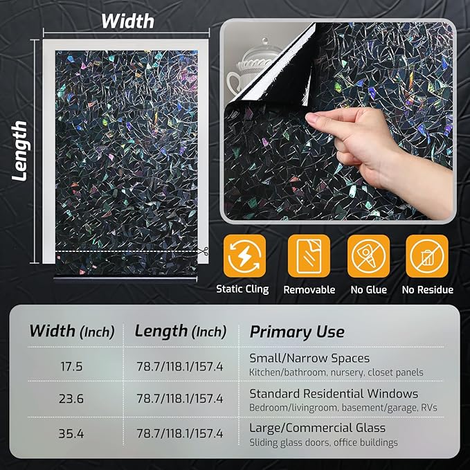 LUTE Black Out Window Film, Sun Light Blocking Window Film for Room Darkening Day Sleep, 100% UV Blocker Stained Glass Blackout Cover, Rainbow Black Out Shades Tint for Home, 35.4" x 157.4"