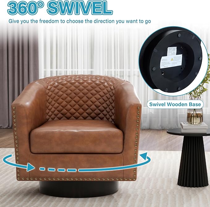 UIXE Faux Leather Swivel Accent Chair, Barrel Club Chair Modern Upholstered Armchair for Living Room, Comfy Single Sofa Bedroom Side Reading Seat - Brown