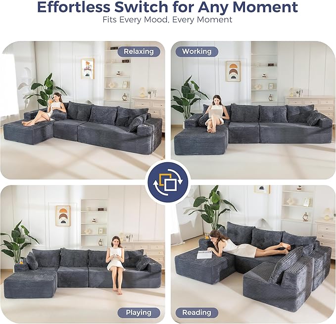 MAXYOYO 132" Oversize Modular Sectional Couch with L-Shape Chaise, Modern Boneless Couch for Living Room, Sofa in A Box, Oversized Sofa Sleeper with Deep Seat, No Assembly Required, Dark Grey