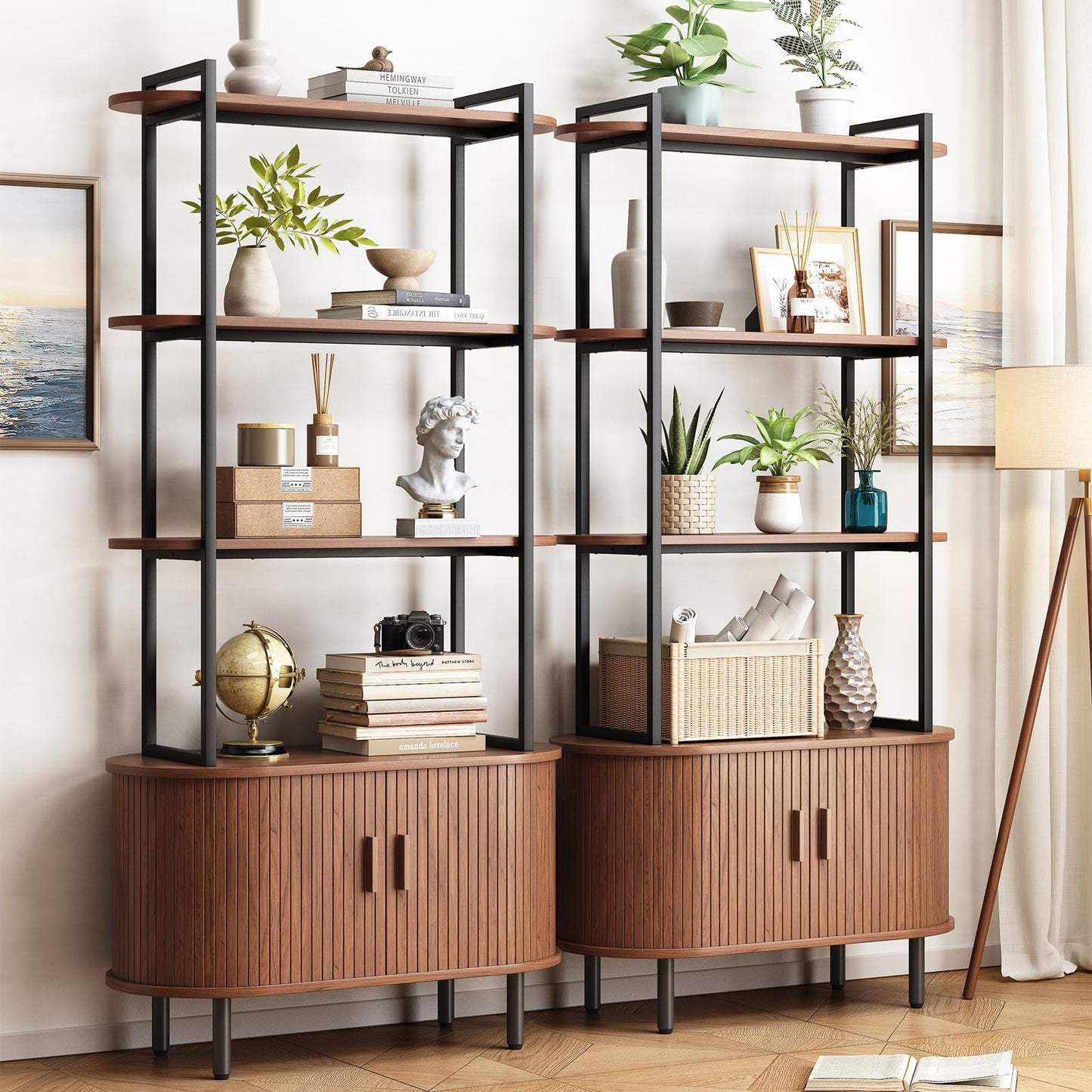 ONBRILL 71" Tall Bookshelf, 4-Tier Book Shelf with Storage Cabinet, Modern Bookcase with Sliding Door and Adjustable Footpad, Freestanding Storage Organizer Bookshelf for Living Room, Bedroom, Walnut