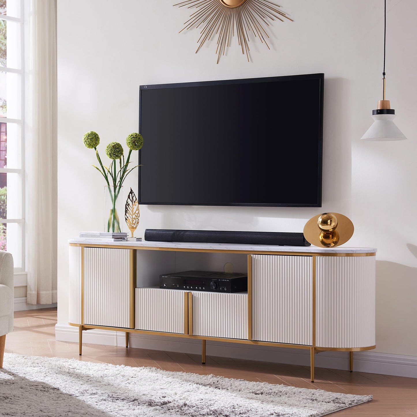 OKD Luxury 70" Fluted TV Stand, Modern Chic Entertainment Center for TVs Up to 80 inches, TV Console with Faux Marble Top, Curved Profile Design, Media Console for Living Room, Off White