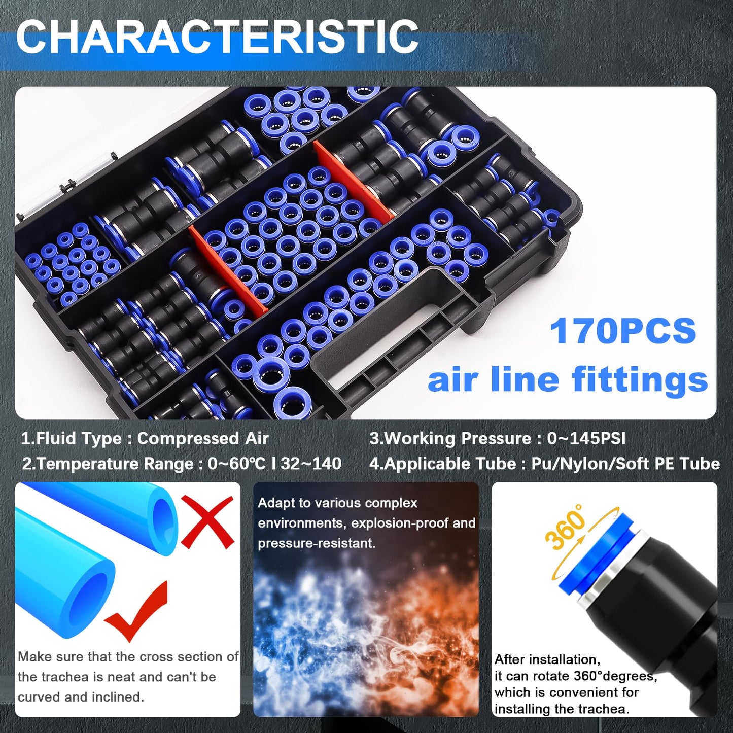 mxuteuk 170PCS Quick Connect Air Hose Fittings,1/8 1/4 5/16 3/8 1/2 inch & 4/6/8/10/12mm Straight Push to Connect Fittings,Quick Release Pneumatic Air Line Fitting