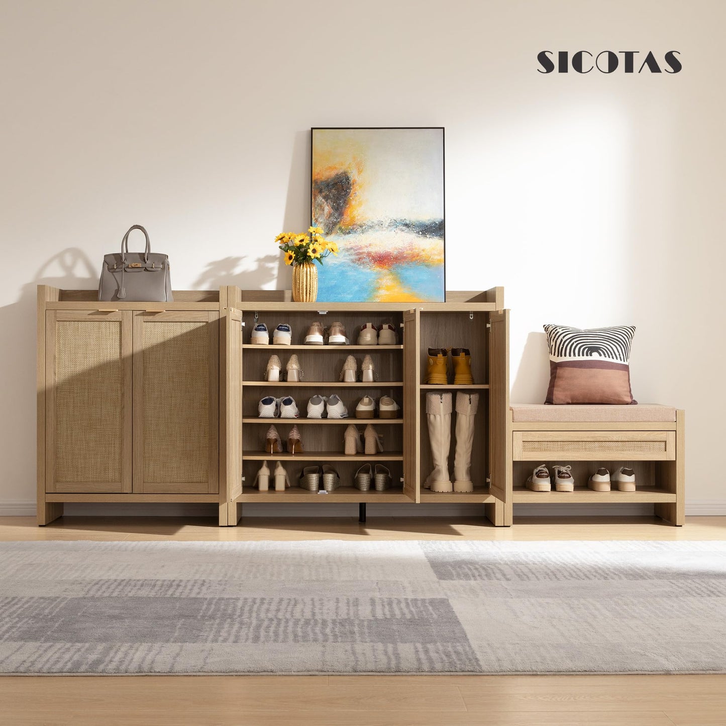 SICOTAS Shoe Storage Cabinet, 30 Pairs Rattan Shoe Cabinet Storage for Entryway, 6-Tier 41" Tall Large Shoe Cabinet, Boho Farmhouse Cabinet with Doors for Entryway Hallway Living Room, Light Oak
