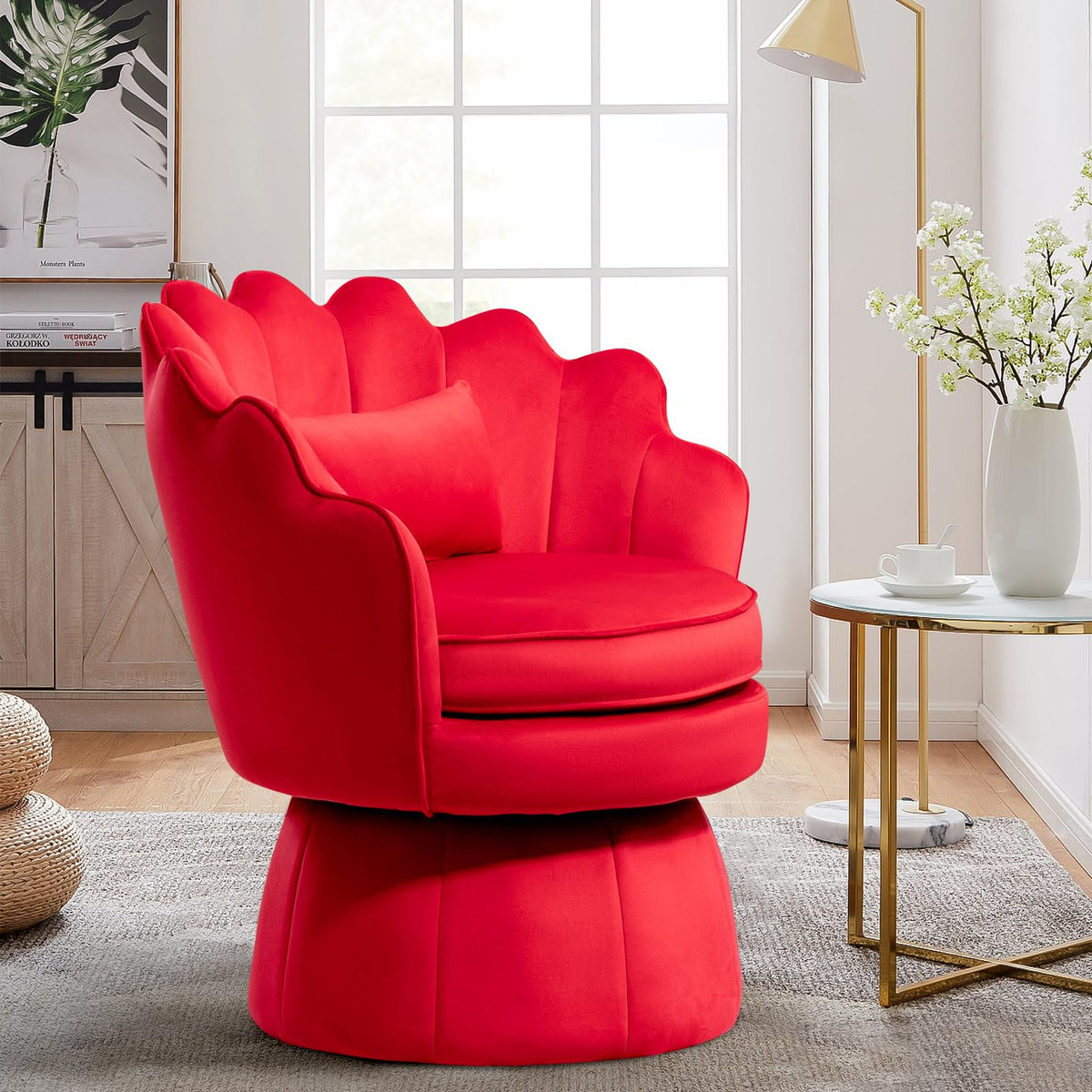 ZJhome 360° Swivel Accent Chair, Mid-Century Modern Velvet Barrel Chair, Comfy Shell Shape Arm Chair with Lumbar Pillow for Living Room, Bedroom, Office, Rose Red