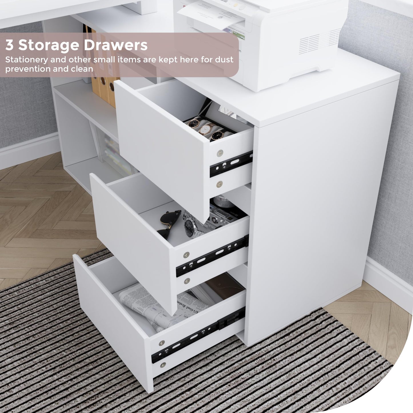Jiaoun Home Office Computer Desk Corner Desk with 3 Drawers and 2 Shelves, 53-inch L-Shaped Study Desk with Storage, White