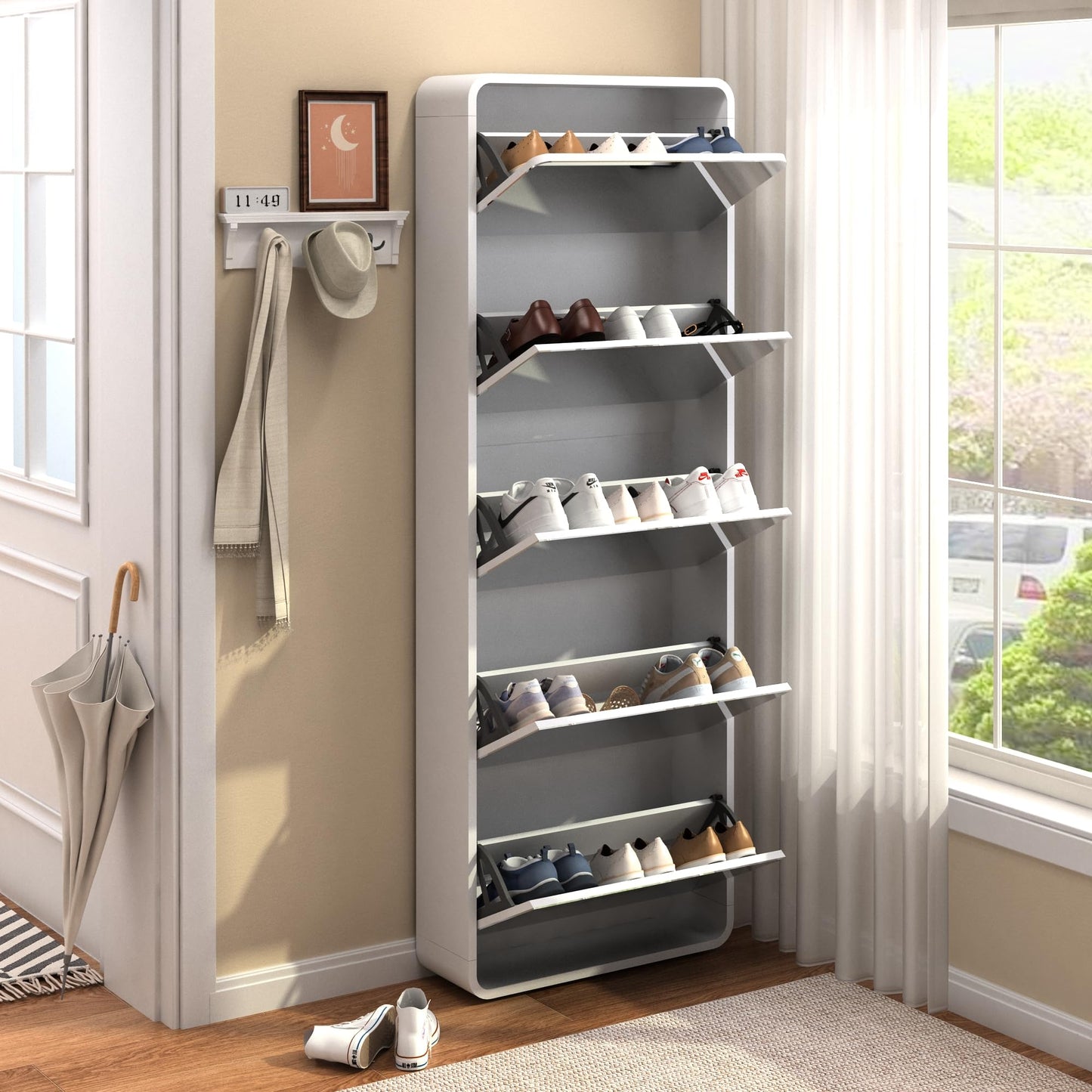Slim Mirror Shoe Cabinet for Entryway, Narrow Freestanding Shoe Rack with Flip Drawers and Full-Length Mirror, Wood Shoe Storage Organizer for Living Room, Hallway, Closet, and Apartment, White.