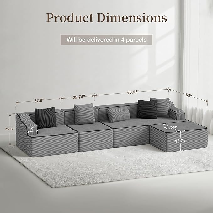 SUNSHINE VALLEY L Shaped Boneless Modular Cloud Couch, 133.5'' Oversized Corduroy Sectional Sofa for Living Room, 5-Seat Upholstered Modern Couch with Deep Seat, No Assembly Required, Grey