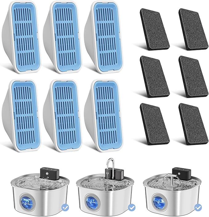 Voluas Replacement Cat Water Fountain Filters, 6 Filters and 6 Pre-Filter Sponges for 108oz/3.2L Stainless Steel Pet Water...