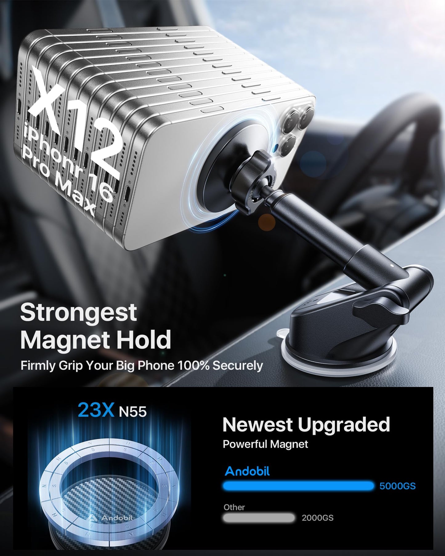 Andobil For Magsafe Car Mount [85+Lbs Strongest Suction & 2025 Military-Grade N55] Retractable Magnetic Phone Holder For Car Das