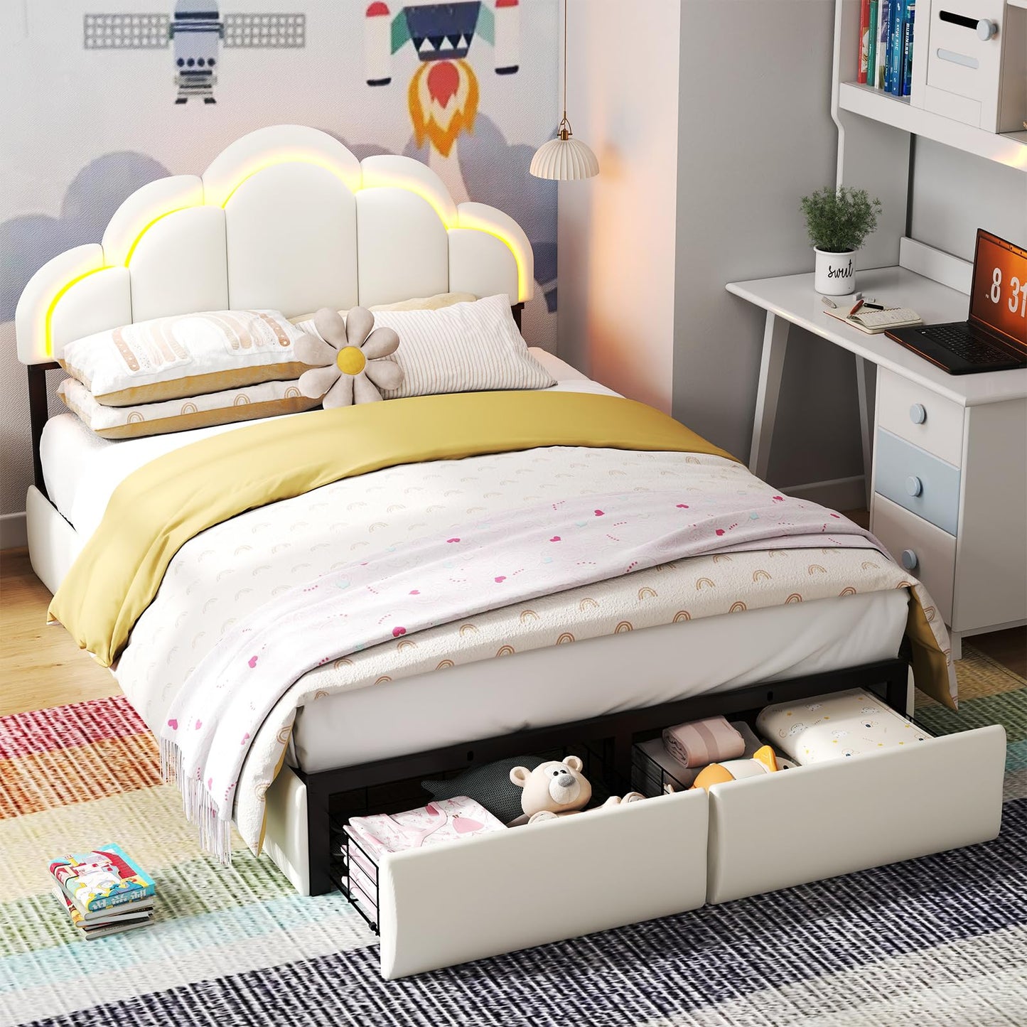 SADENICEL Full Upholstered LED Bed Frame with 2 Storage Drawers, Chic Double Wavy Headboard, Velvet Princess Platform Bed, Solid Wood Slats Support,No Box Spring Needed, Beige