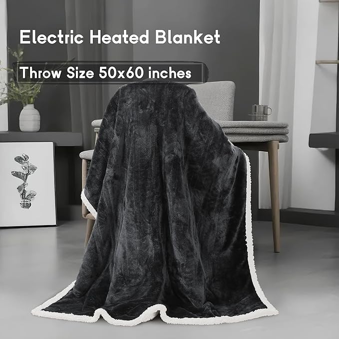 Heated Blanket Electric Throw Size 50''x60'' with 9 Heating Levels, 3 Hour Auto Shut Off, Machine Washable, Flannel & Sherpa Double-Sided Soft Warming Blanket for Couch, Bed, Office - Dark Grey