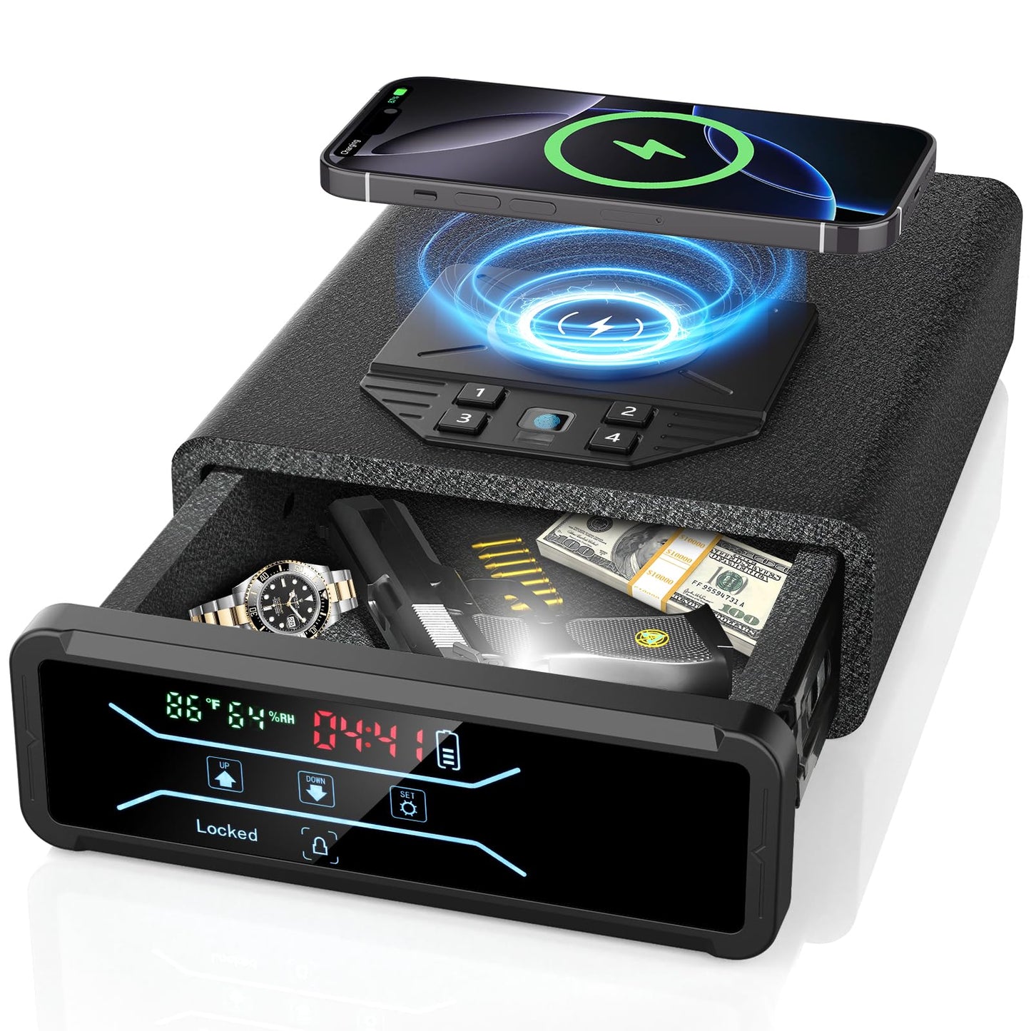 Gun Safe for Handgun Pistol Case - Biometric Quick Access Pistol Safe with Wireless Charging for Watch & Phone, 3-in-1 Fingerprint Keypad Key Lock Gun Box for Home Nightstand Bedside