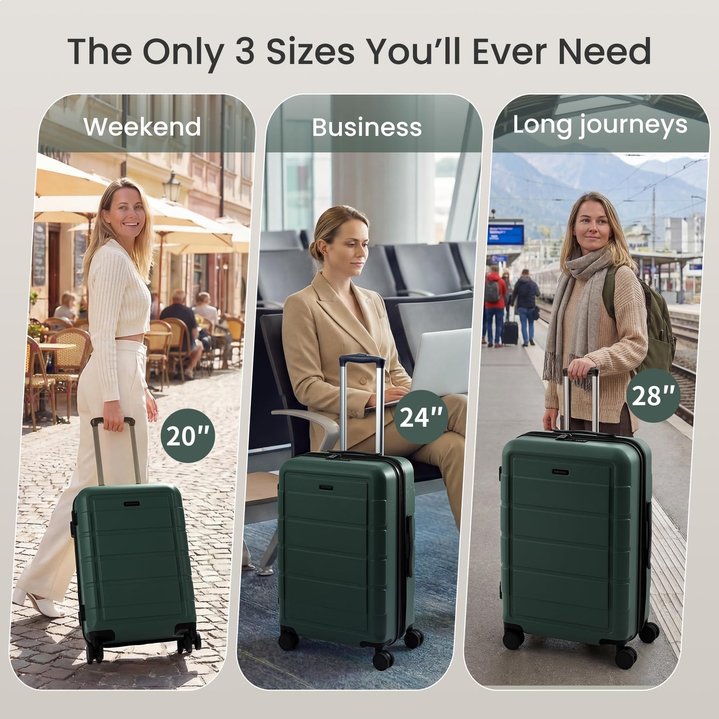 SHOWKOO Luggage Sets Expandable 100% PC Suitcase Double Wheels TSA Lock 3PC (ArmyGreen)