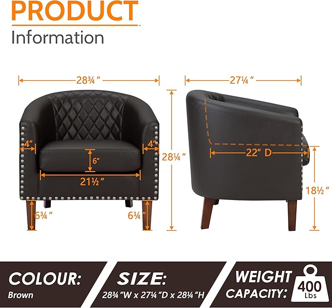 PrimeZone Barrel Chair, Comfy Accent Chair, Faux Leather Living Room Chairs Club Chairs with Cushion, Nailhead Trim and Diamond Mesh Backrest, Reading Chairs for Bedroom Waiting Room, 4PCS, Brown