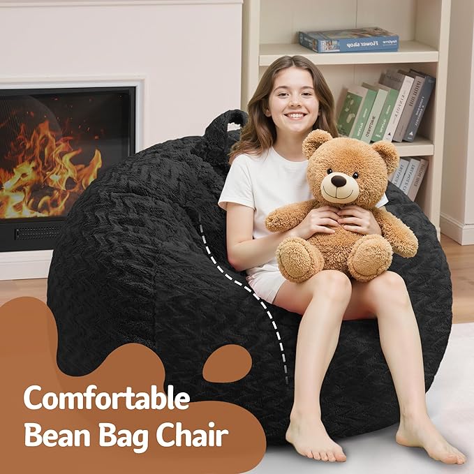 2FT Bean Bag Chair,Giant Bean Bag Chairs for Adults,Big Bean Bags with Memory Foam Filled, Large Beanbag Chairs with Chevron Plush Cover-Black