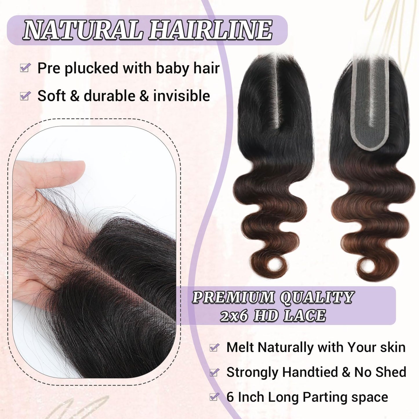 DSEKCAIN 2x6 HD Lace Closure Body Wave T1B/2/30 Chestnut Brown Ombre 2x6 Transparent Lace Closure 3 Tone Ombre Medium Auburn Col