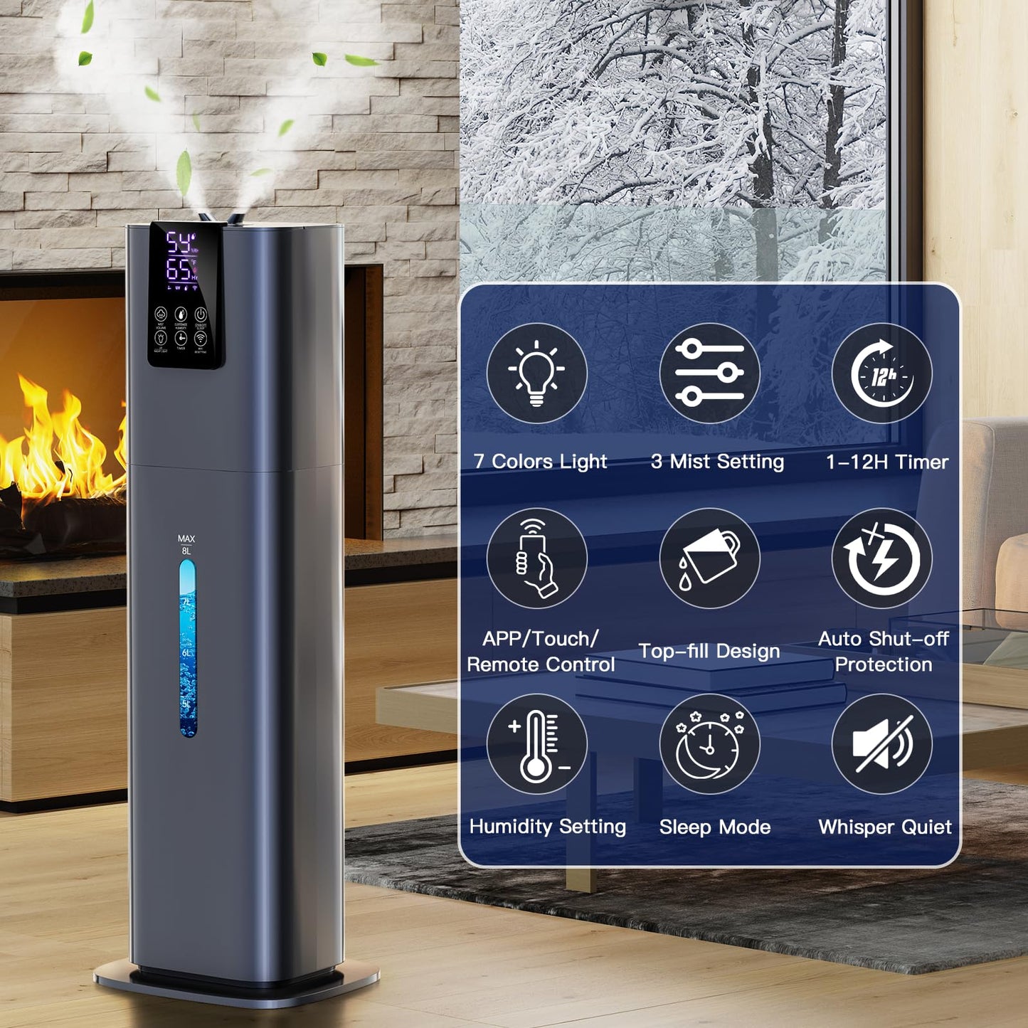 Smart Humidifiers Large Room Bedroom Home, 2.11Gal(8L) Quiet Top Fill Cool Mist Humidifier, Smart App & Remote Control, 3 Speed