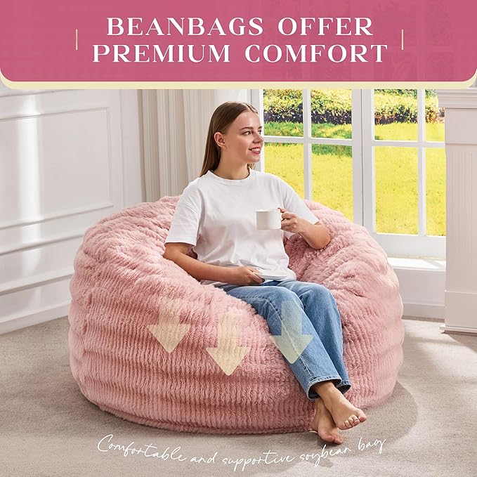 Hobestluk Bean Bag Chairs Beanbag Chair with Filler Adult Bean Bags with Fluffy Ripple Cover, Giant Bean Bag Chairs for Adults (Pink, 3FT - 36" x 36" x 22")