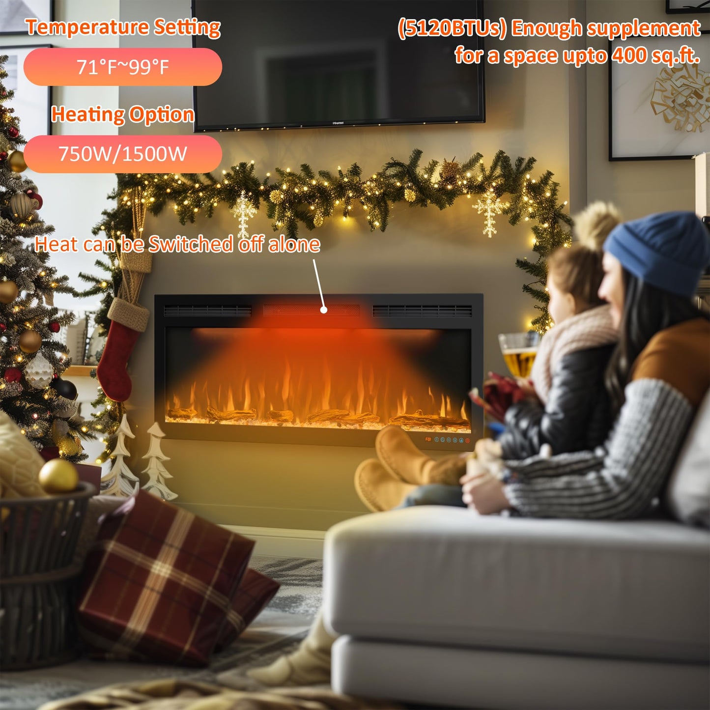 50 inches Electric Fireplace, Recessed and Wall Mounted Fireplace Heater and Linear Fireplace Inserts, with Timer, Remote Control, Adjustable Flame & Light Colors, 750W/1500W, Black