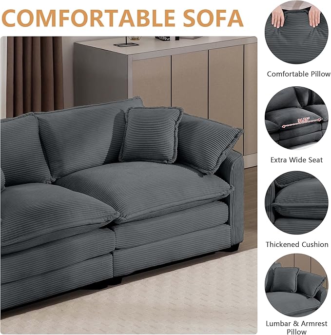 mikibama Luxury 2 Piece Sofa Set, Loveseat Couch & Sofa Armchair Set, Modern Corduroy Comfy Cloud Couches Set for Living Room Office with 2 Armrest Pillows and 3 Toss Pillows, Grey