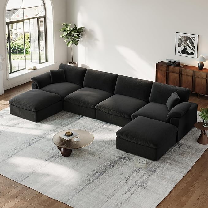 Cloud Modular Couch for Living Room,U Shape Linen Blend Sofas,Modern Deep Seat Cloud Sofas,Convertible Comfort Down Filled Sectional Couches,Removable Washable Cushion Covers,Black