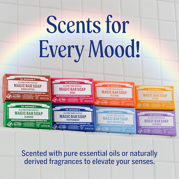 Dr. Bronner's Pure-Castile Magic Bar Soap- Made with Regenerative Organic Certified Oils- For Face, Body, Hair, Vegan Soap Bars for Men & Women- Variety 3-Pack, Peppermint Lavender, Unscented