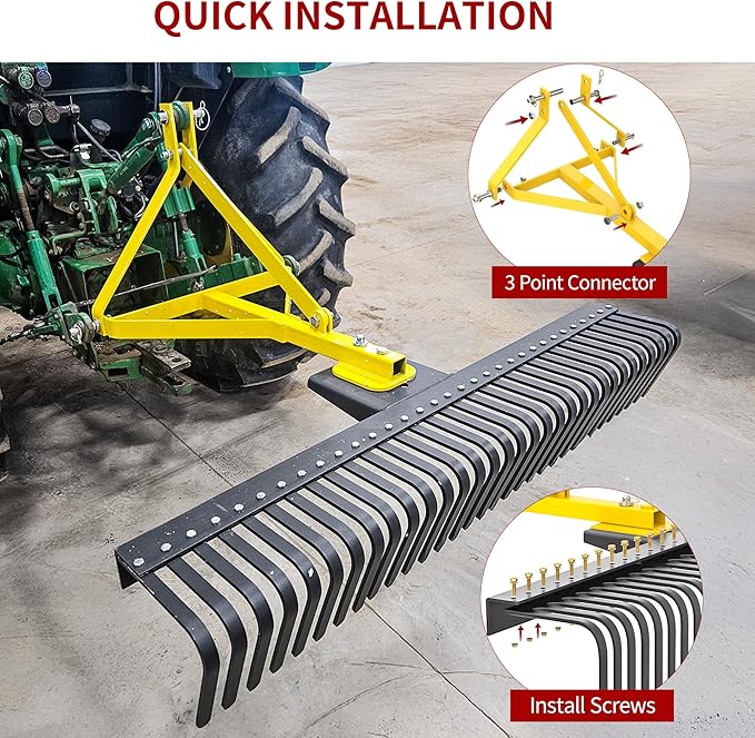 YITAMOTOR 3 Point Landscape Rock Rake for Category 1, 5 FT Attach Tractor Rake with 360 Degree Rotation, Tow-Behind Lawn Garden Tool Attachment for Compact Tractors
