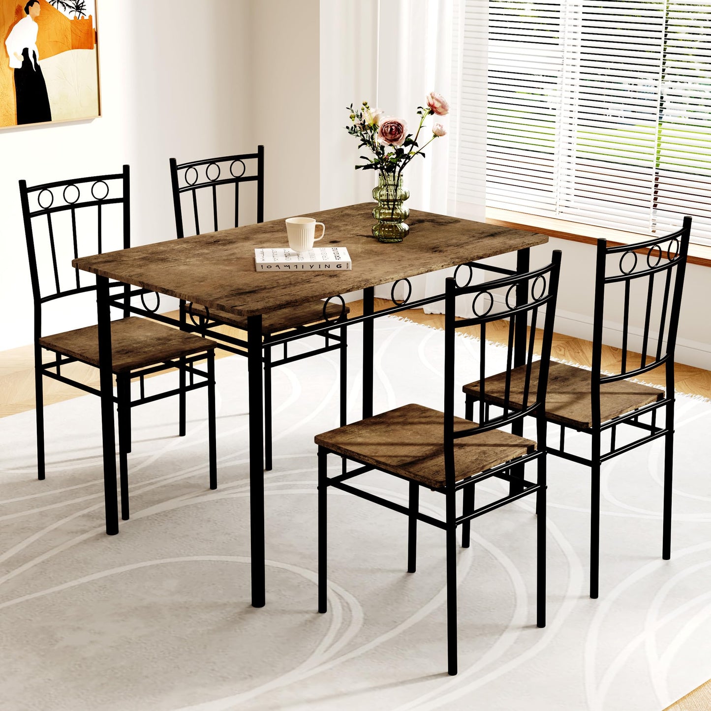 AMICLIBER Dining Table Set for 4, 5-Piece Kitchen Table and Chairs, Rectangular Dining Room Table Set with 4 Chairs, Space-Saving Kitchen Table Set for Small Space,Dinette,Apartment,Retro Brown