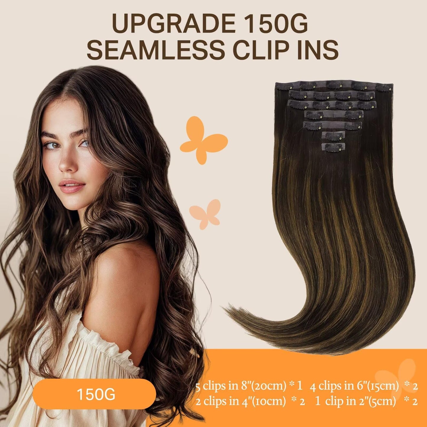 DOORES Clip in extensions - Real Human Hair with Invisible Edge, Dark Brown to Chestnut Brown 22 Inch 150g 7pcs, Straight Natura