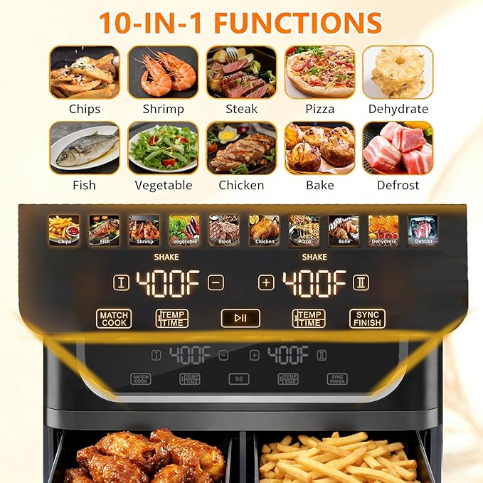 Simple Deluxe 9.5-Qt Dual Basket Air Fryer, 10-in-1 Digital Preset Airfryer, Sync Cook, Independent Temp Control, Shake Reminder, Nonstick Basket, Black