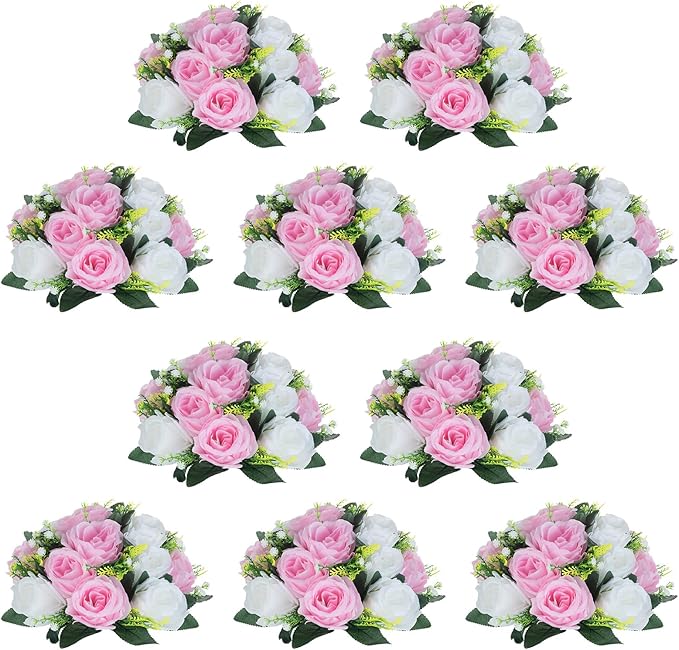 NUPTIO Flower Centerpieces for Wedding Tables: 10 Pcs Pink & White Artificial Flower Ball Arrangement for Weddings Party - Fake Floral Rose for Birthday Bridal Shower Decorations