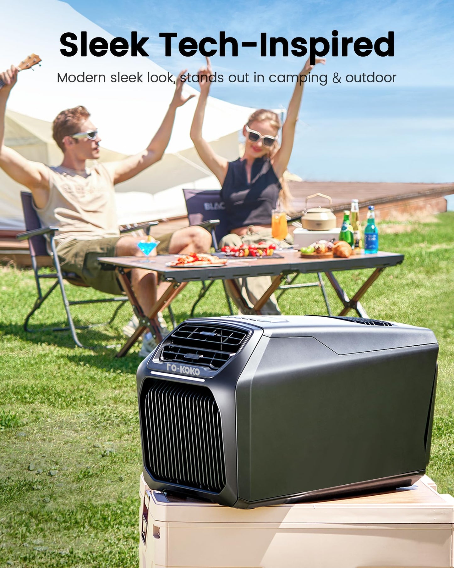 FO-KOKO Dual Hose 6800 BTU Portable Camping Air Conditioner & Heating, 5-in-1 Quiet Small AC Unit with 550W, Windowless AC for Tent, RV, Van, Car, Garage, Indoor & Outdoor Use(Silver)