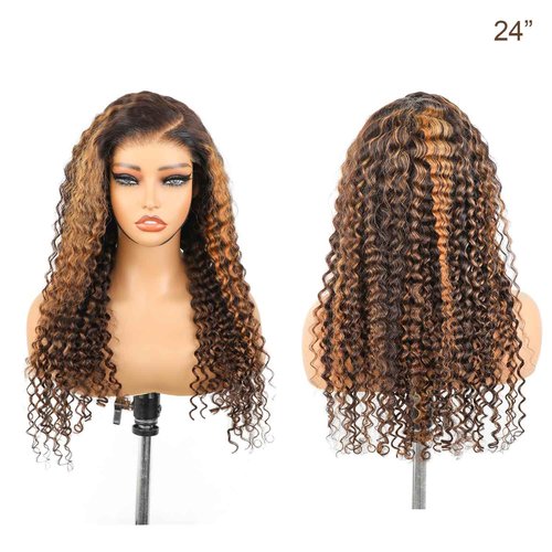 BLY Highlight Wear and Go Glueless Wig Water Wave Human Hair Wigs for Women 16 Inch 5x7 HD Lace Pre Cut Pre Plucked 2/30 Ombre Brown Colored Deep Wave Lace Front Wig 180% Density