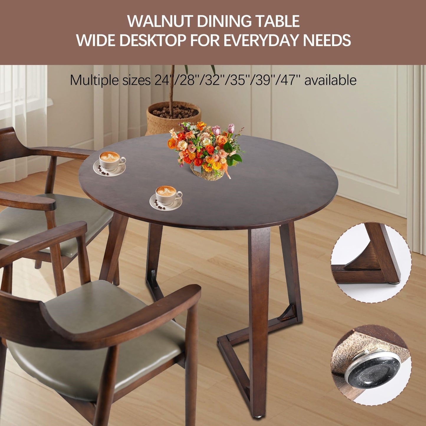 XOXUXOA 35" Round Dining Table - Solid Rubberwood Kitchen Table for Small Spaces, Modern V-Leg Design Seats 4, Walnut Wood Finish, Easy Assembly