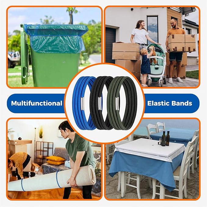 Trash Can Bands Set of 3, Fits 55, 65, 96 Gallon Trash Cans, Extra Large Rubber Bands for Big Garbage Can Bag, Durable Kitchen Trash Bag Bands, Heavy Duty Moving Bands in Black Blue, and Olive Green