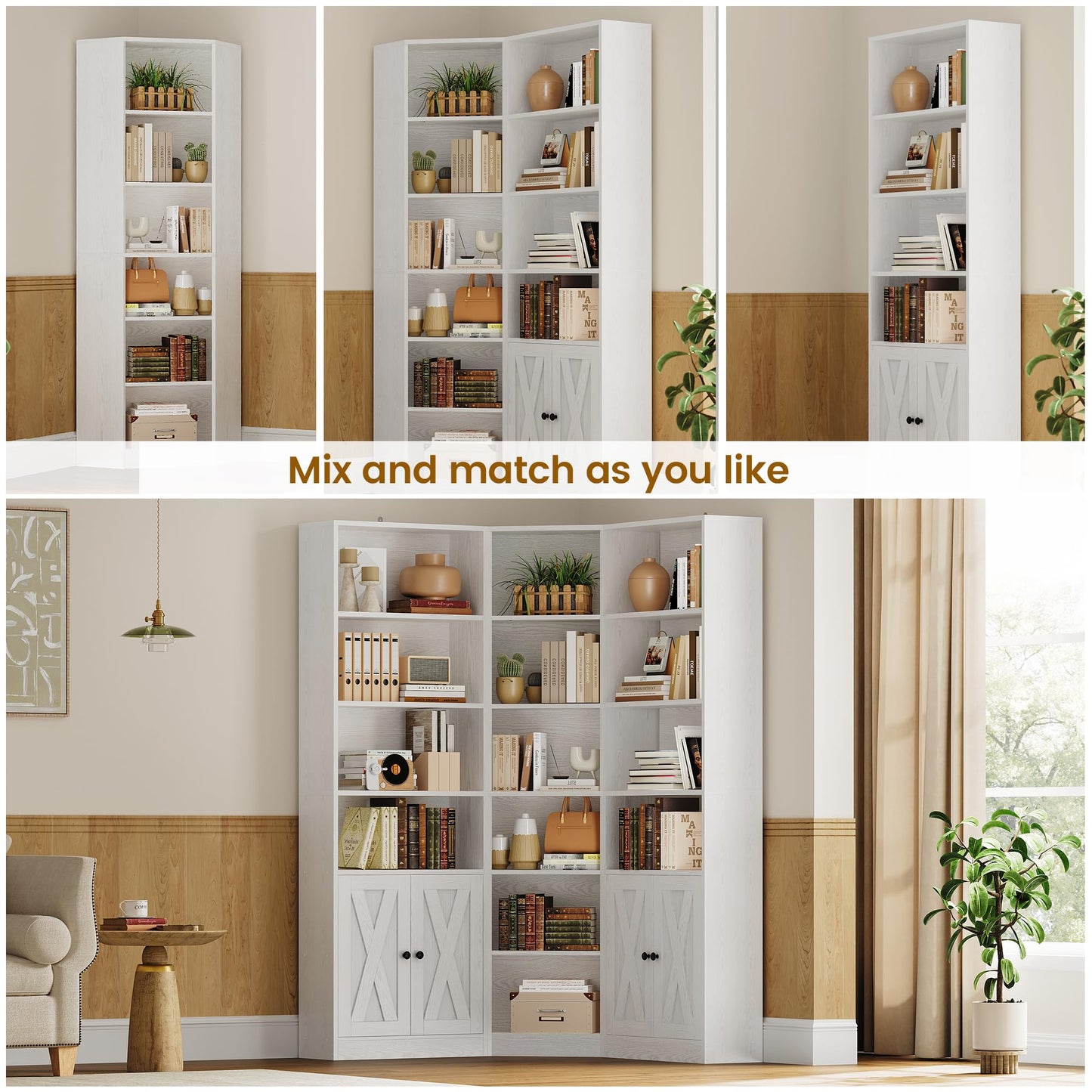 ANCTOR Large Corner Bookcase with 2 Storage Cabinets and 18 Shelves, 7 Tiers L Shaped Wood Bookshelf, 71" Tall Corner Hutch for Living Room, Bedroom, White