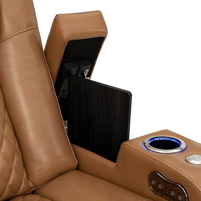 Seatcraft Anthem Italian Leather Sofa w/Fold-Down Table, Living Room, Power Headrest, Power Recline, Tan Oak