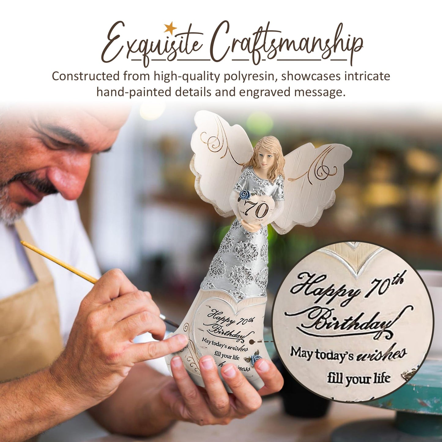 Pavilion 'Happy 70th Birthday' 82416 Elements Angels - Polyresin Birthday Angel Figurine - Silver Hand-Painted Remembrance and Keepsake Gift Angel for Grandmothers, Mothers, Aunts, Friends, Women