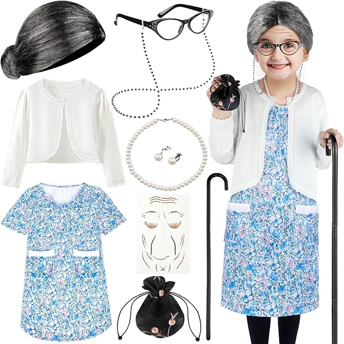 Luucio Old Lady Costume for Kids, 100th Day of School Costume for Girls with Grandma Costume, Kids Old Lady Costume for Kids