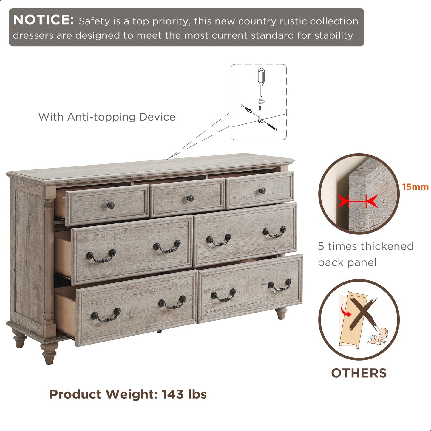T4TREAM Farmhouse 7 Drawers Dresser Chests for Bedroom w/ 4 Solid Wood Feet & Column Decor, Tall Wide Wood Country Rustic Chest of Drawers, Storage Dressers for Bedroom, Living Room, Light Rustic Oak