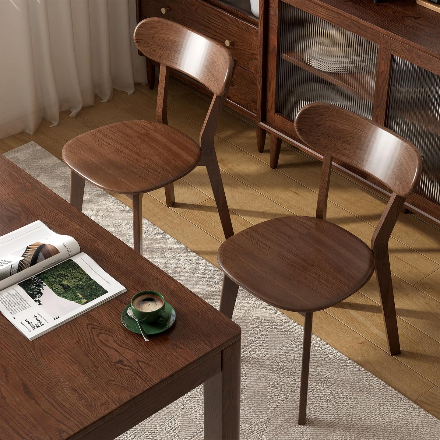 100% Solid Wood Dining Chairs Set of 4, Mid Century Modern Dining Chairs with Curved Backrest, Wooden Desk Chair with Solid Rubber Wood Frame for Kitchen, Dining Room, Study, Living Room, Walnut (4PK)