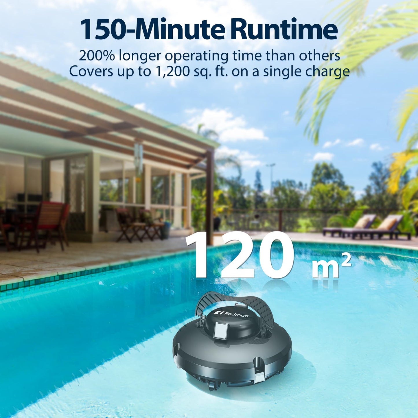 Redroad Cordless Robotic Pool Cleaner, Automatic Pool Vacuum Lasts 150Mins, Powerful Suction, Self-Parking, Maximum Climbing Angle 18 Degrees, Lightweight for Above/Inground Pools Up to 1200 Sq.Ft