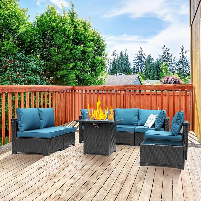 3D MATRIX 8 Pieces Patio Furniture Set with 28" Fire Pit Table, Wicker Outdoor Sectional Couch, Rattan Conversation Set for Backyard, Deck, Garden Lawn, Coffee/Peacock Blue