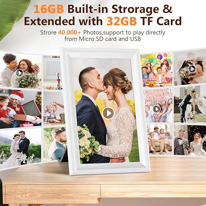 Smart White Digital Picture Frame WiFi Send Photos from Your Phone 16GB Storage 10.1inch 1280x800 IPS Touch Screen Digital Photo Frame Auto-Rotate Wall Mountable Photo Picture Frame Digital