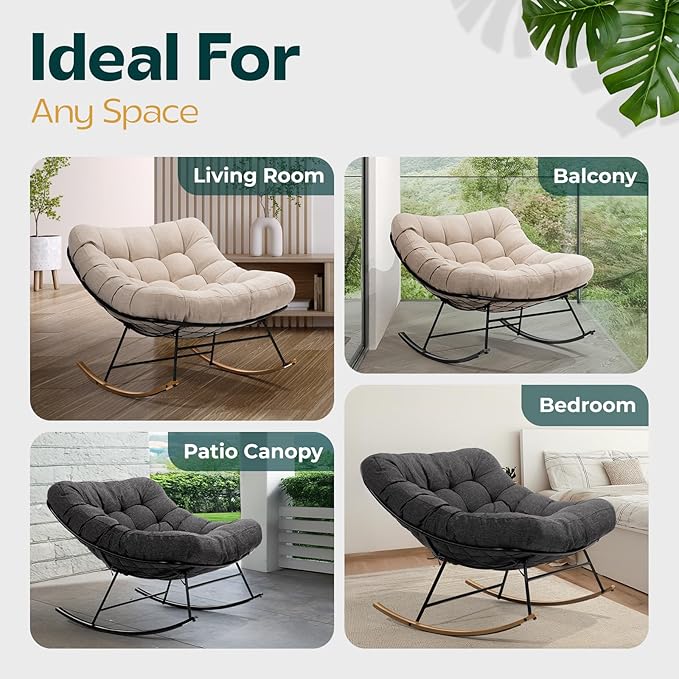 Bme Patio Rocking Chair Outdoor & Indoor, Metal Patio Lounge Rocking Chair with Thick Cushion, Comfy Modern Rocker Chair for Living Room, Porch, Backyard, Beige Cushion - Black Matte Rocker