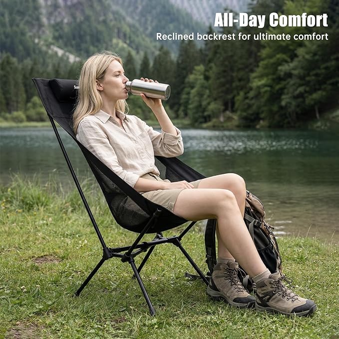 SUNNYFEEL High Back Camping Chair, 15 Second Setup Frame, 330lb Capacity, Portable Backpacking Chair, Lightweight & Compact Folding Camp Chair for Hiking Camping, Black