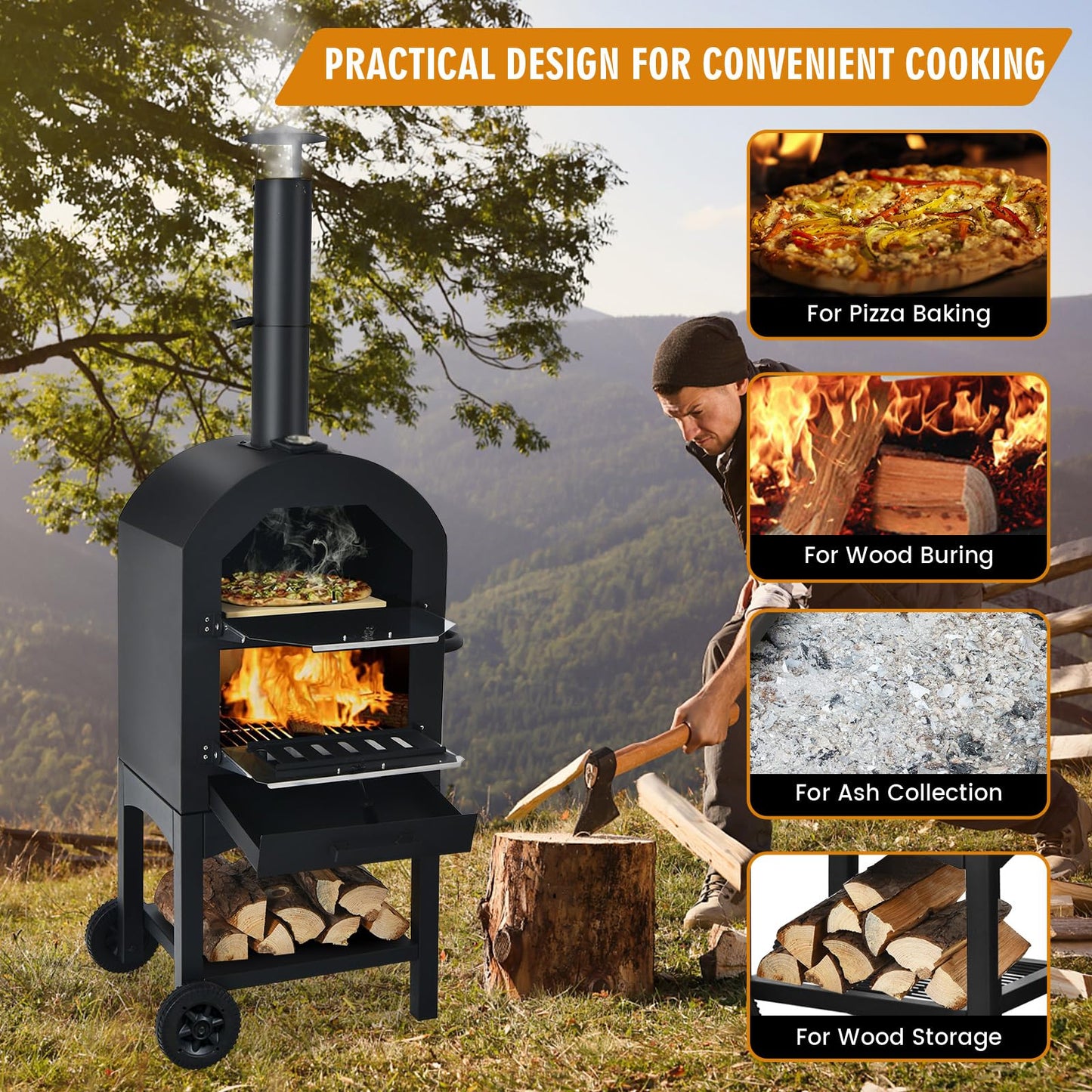 Happygrill Outdoor Pizza Oven Wood Fired, Portable Pizza Maker Grill w/Stone, Peel, Cooking Grids, Built-in Thermometer, Waterproof Cover, Wheels for Barbecue Backyard Camping