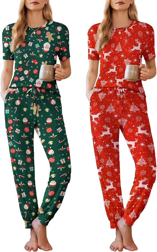 Ekouaer Pajamas for Women Set 2 Pack Lounge Set Short Sleeve Pjs Joggers Long Pants Loungepwear with Pockets