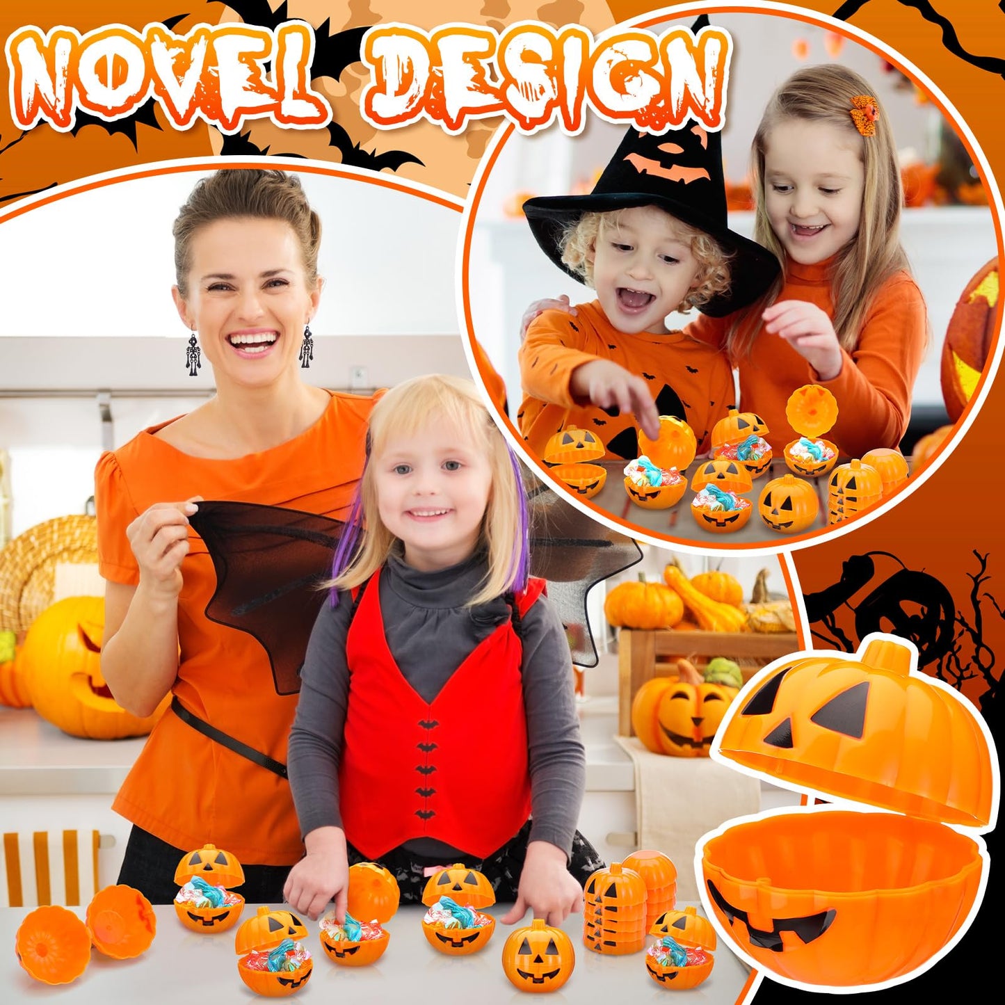 Lallisa 120 Pcs Halloween Pumpkin Containers Plastic Storage Box Case Bulk, Mini Pumpkin Egg Candy Gift Bucket for Halloween Trick Treat Decoration Party Supplies(Orange)