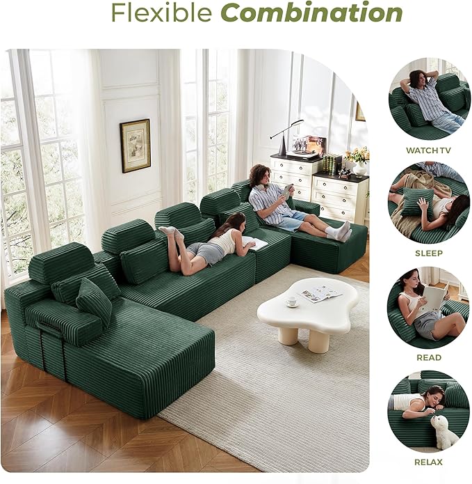 171" U-Shaped Cloud Modular Sectional Sofa with Chaise & Headrest, Boneless Deep Seat Plush Corduroy Couches for Large Living Room, No Assembly Required (Green, 171" U-shapred Chaise)